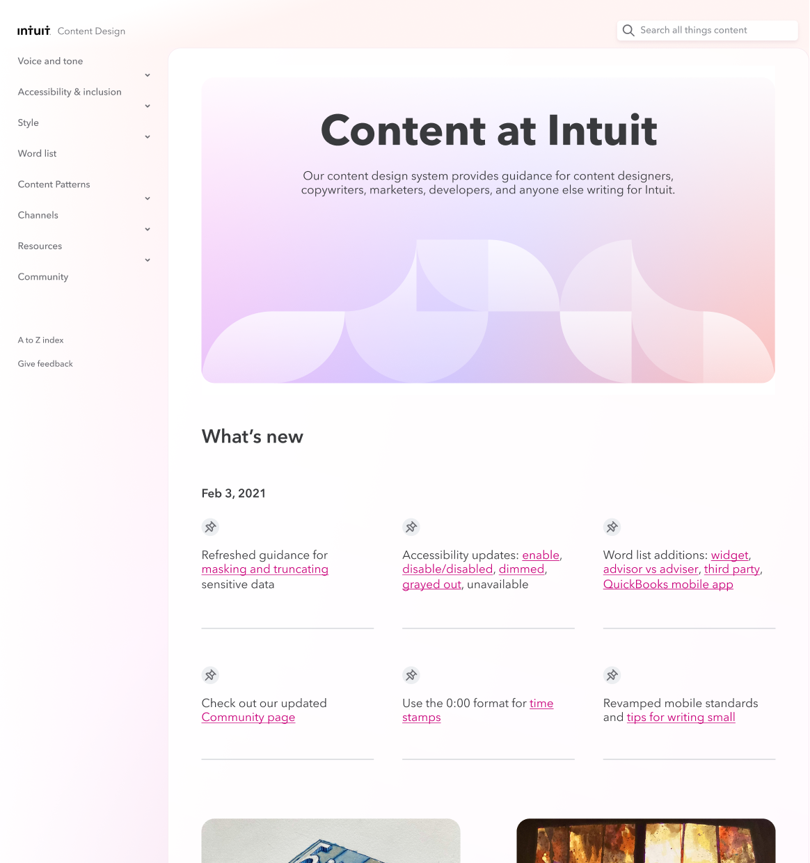 2021 redesigned version of Intuit Content Design homepage featuring a soothing gradient color palette and better information hierarchy