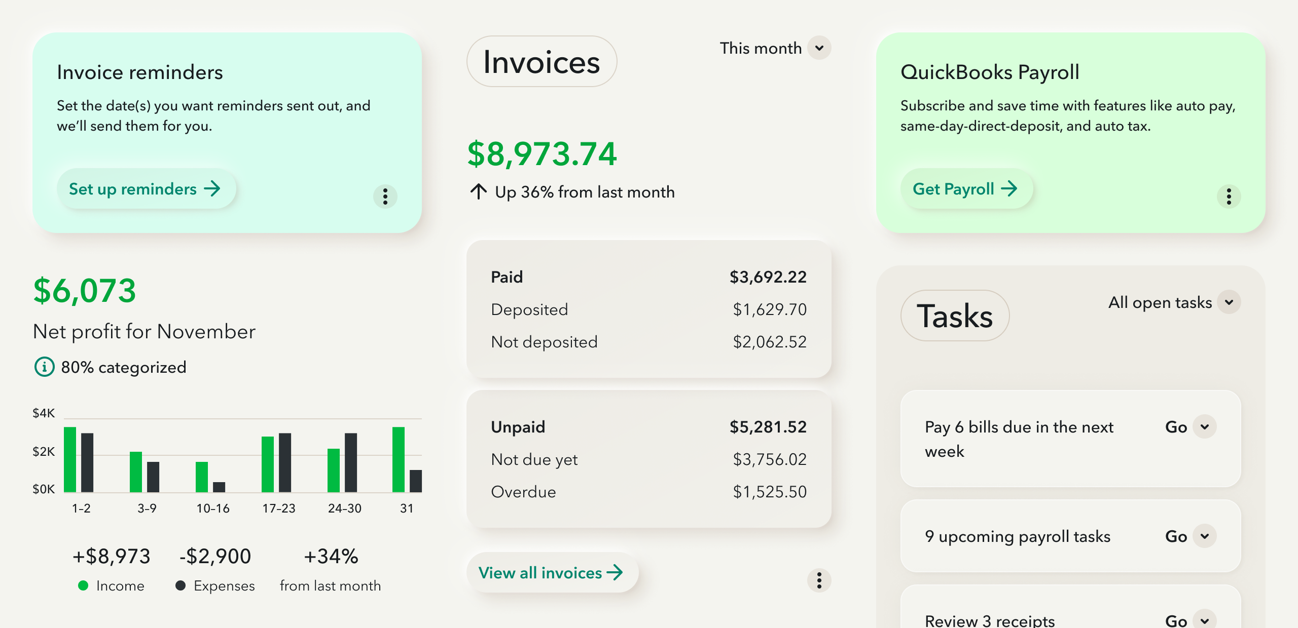 dashboard widgets showing invoice reminder, net profit chart, paid and unpaid invoices, tasks to do and QuickBooks payroll in neumorphism design style