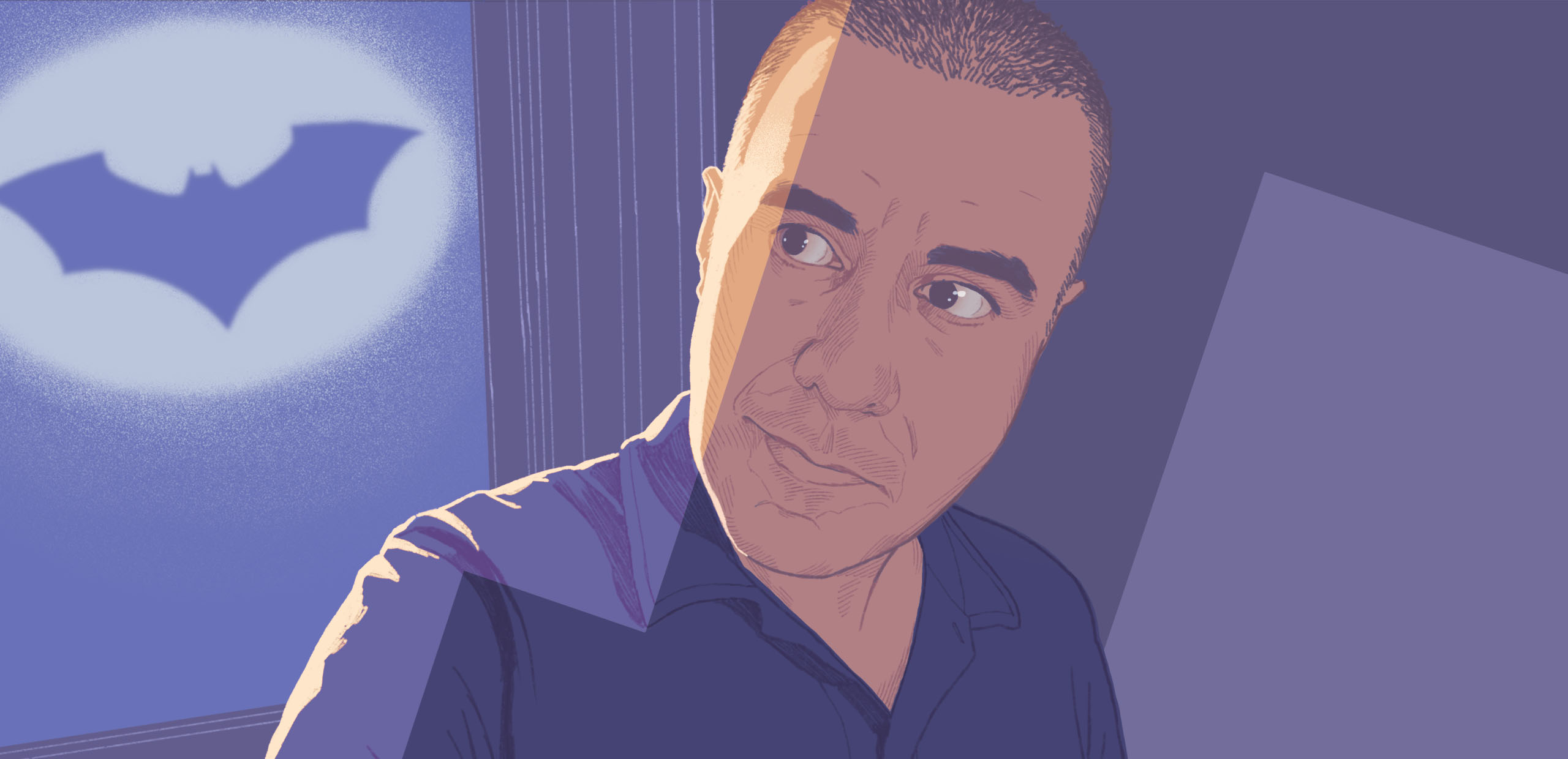 Color illustration of Vivek Saigal seeing the Bat Signal outside his window