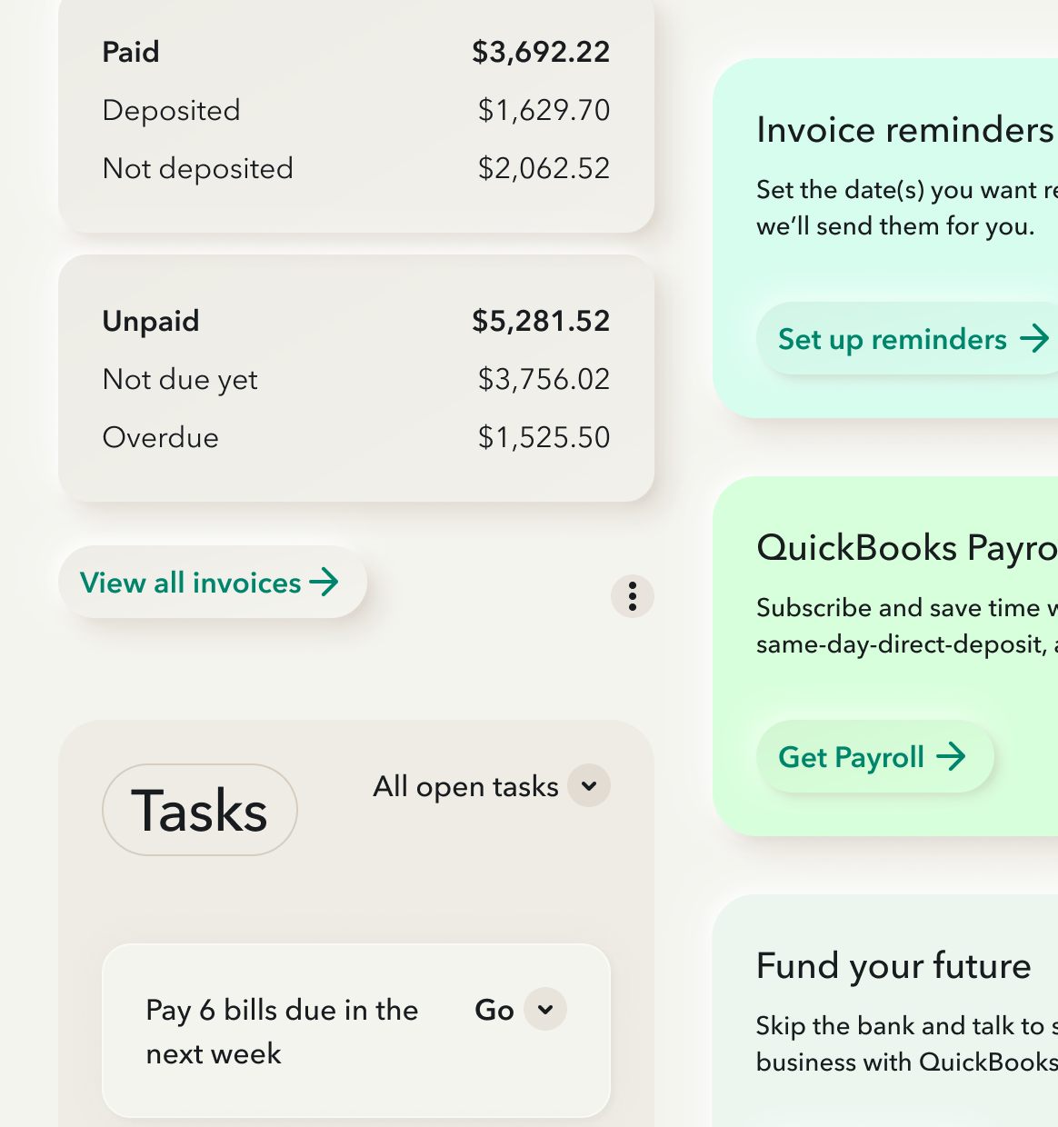 dashboard widgets showing invoice reminder, paid and unpaid invoices, tasks to do and QuickBooks payroll in neumorphism design style