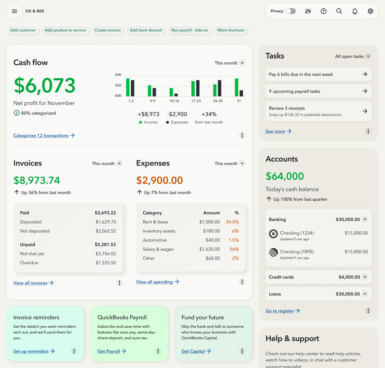 The Best version: soft raised cards on a warm gray background, with large green and orange totals for cash flow, invoices and expenses.