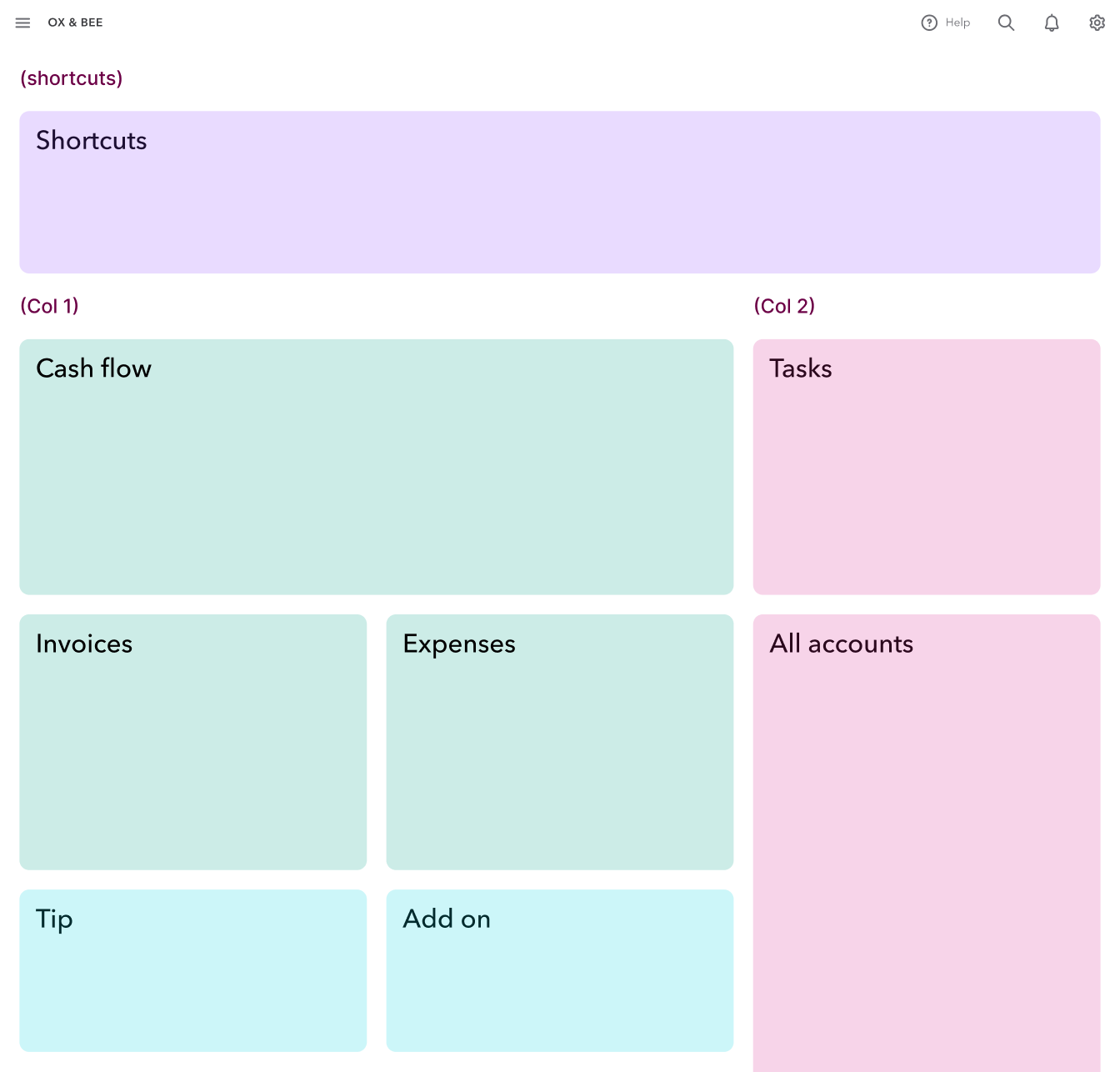 Layout wireframe: shortcuts across the top, then Cash flow, Invoices, Expenses, Tip and Add on in one column, and Tasks and All accounts in the other.