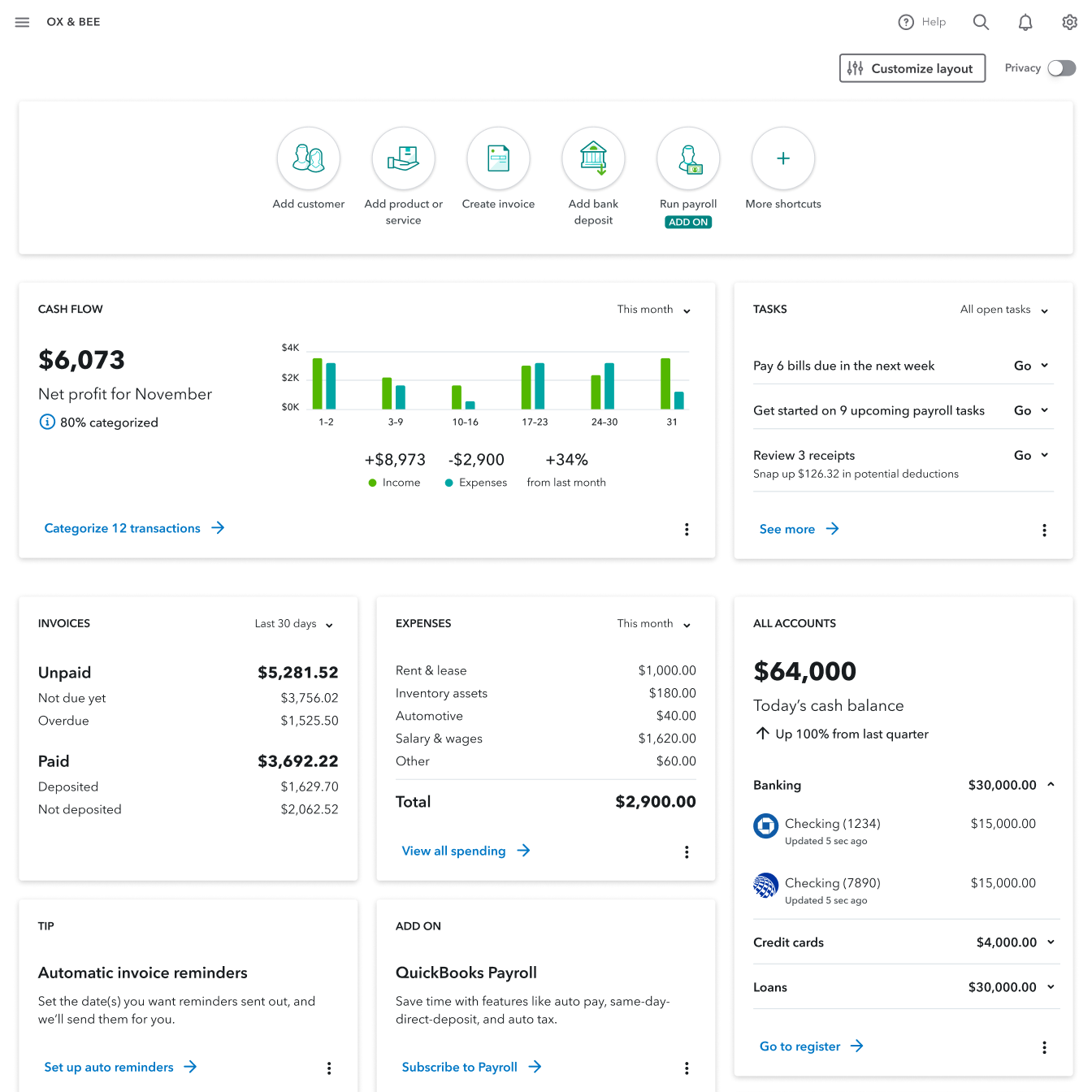 Version zero: white cards with small all-caps titles holding cash flow, tasks, invoices, expenses and account balances.