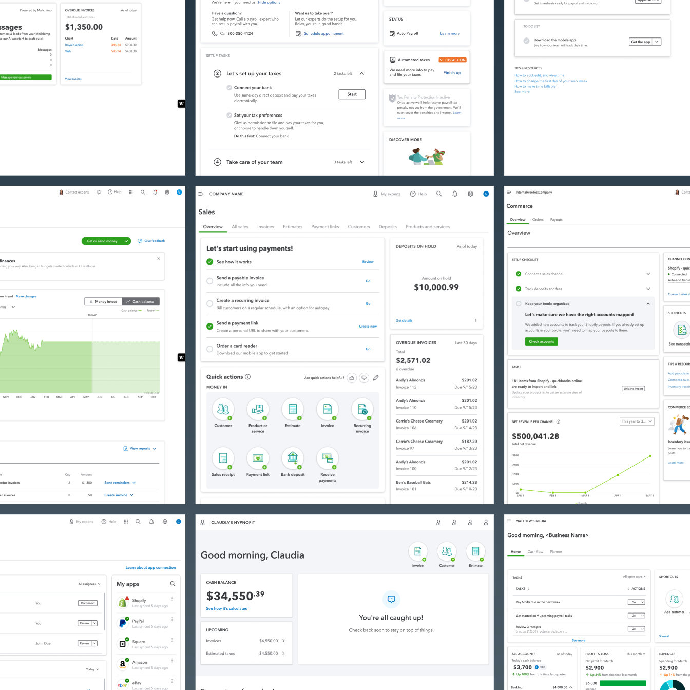 Close crops of QuickBooks dashboards side by side, each mixing setup checklists, charts, task lists and tables in its own layout.