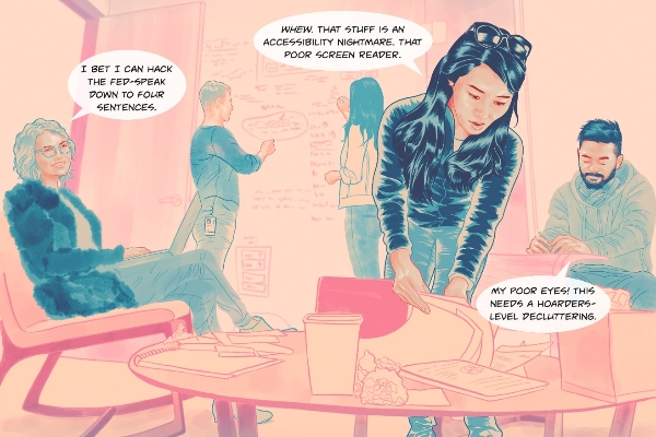 Comic panel of a team working session around a table covered in papers.