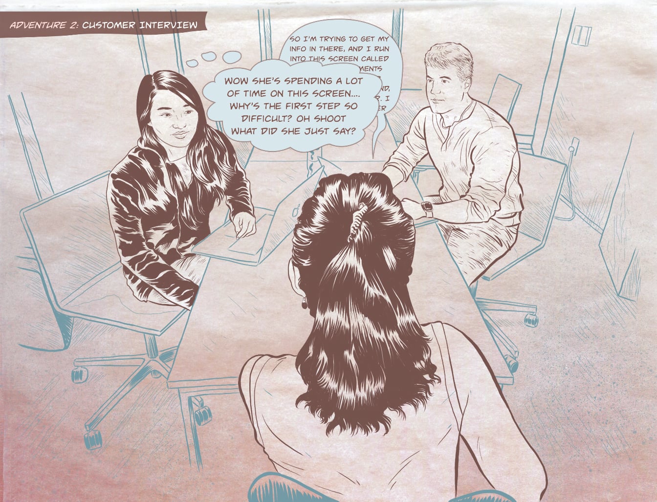 The same interview redrawn in rough lines. A teammate's thought bubble covers what the customer is saying.
