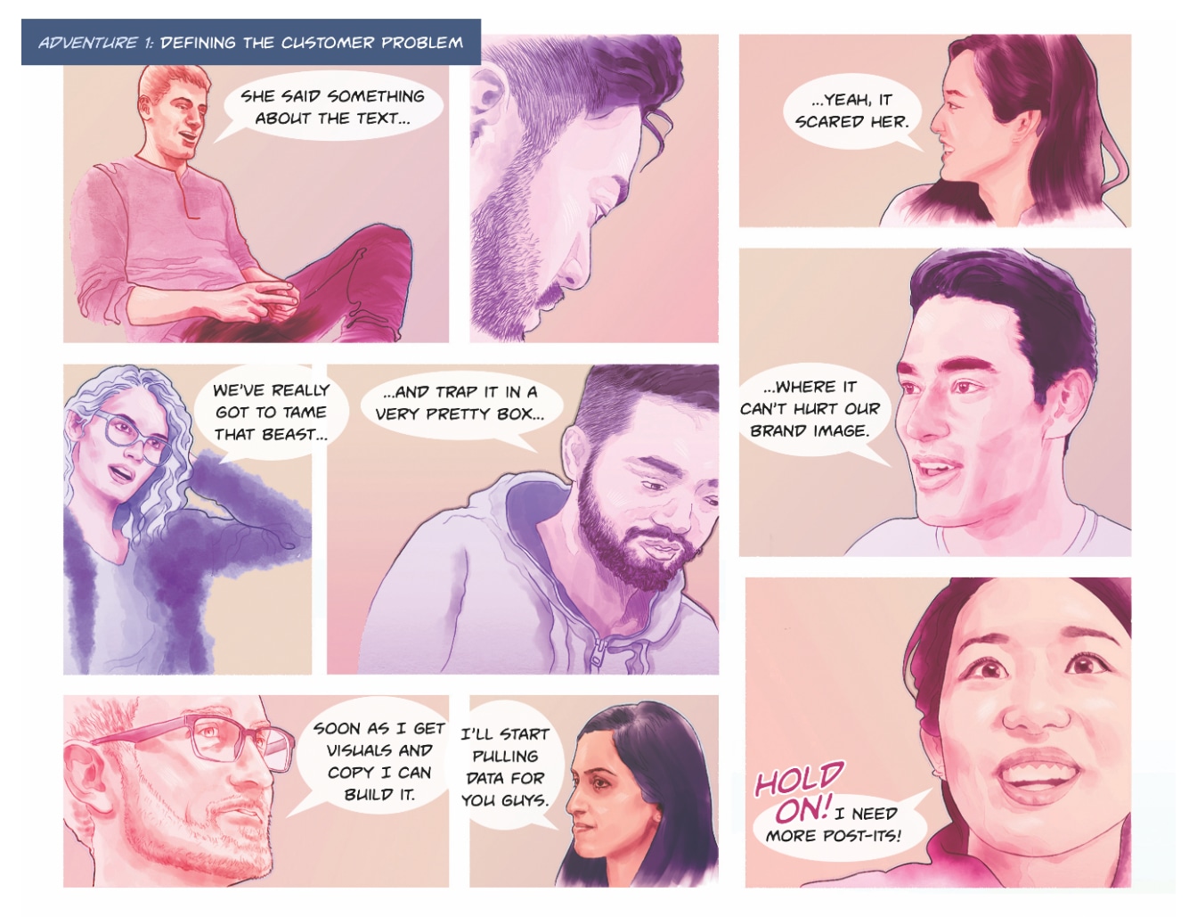 A comic page of teammates reacting to a customer who was scared by the text, ending with one shouting, "Hold on! I need more Post-its!"