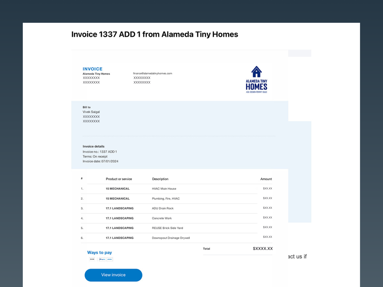 The shipped invoice in an email on a laptop, with the invoice preview overlapping the email text behind it.